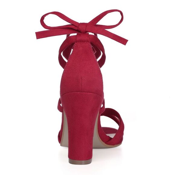 Open Toe Lace-Up High Block Heels Red Sandals - Picture 4 of 6